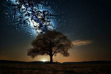 Fototapeta na wymiar Night sky with solitary tree. Generative AI