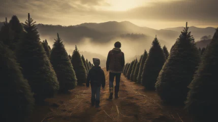 Selbstklebende Fototapete Morgen mit Nebel Christmas tree farm - family - sunset - silhouette - fog - black and white - monochrome 