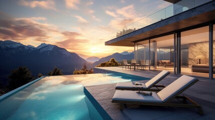 Fototapeta premium Scene of a modern villa with a rooftop terrace overlooking majestic mountain ranges, providing a stunning alpine panorama