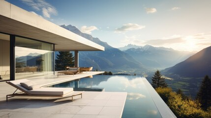 Fototapeta premium Scene of a modern villa with a rooftop terrace overlooking majestic mountain ranges, providing a stunning alpine panorama