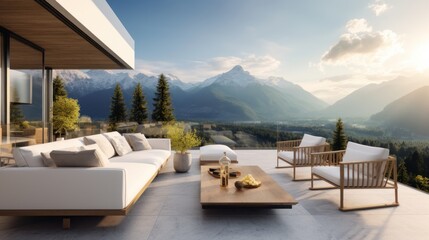 Fototapeta premium Scene of a modern villa with a rooftop terrace overlooking majestic mountain ranges, providing a stunning alpine panorama