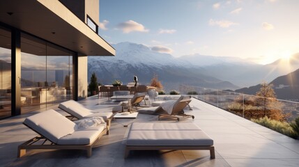 Fototapeta premium Scene of a modern villa with a rooftop terrace overlooking majestic mountain ranges, providing a stunning alpine panorama