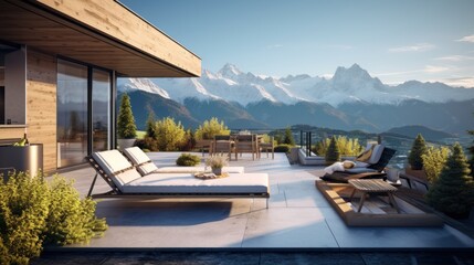 Fototapeta premium Scene of a modern villa with a rooftop terrace overlooking majestic mountain ranges, providing a stunning alpine panorama