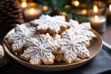 Fototapeta na wymiar A plate of delectable sugar cookies shaped like snowflakes and decorated with royal icing