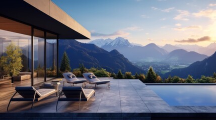Scene of a modern villa with a rooftop terrace overlooking majestic mountain ranges, providing a stunning alpine panorama - obrazy, fototapety, plakaty
