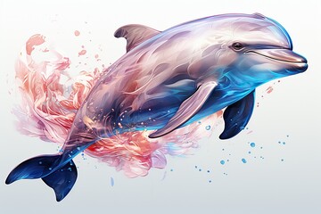 Serene Dolphin AI Print Watercolor, Jumping out the water - obrazy, fototapety, plakaty