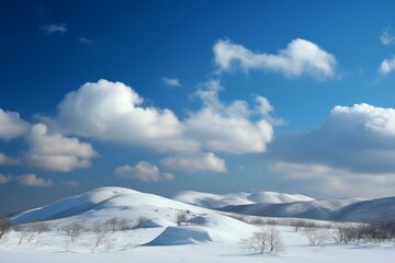 Blue sky over snow hills. Generative AI