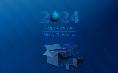 floating numbers over open magic box, concept of new year and Christmas, gift box with a present under the Christmas tree from Santa. wireframe and plexus style. isolate. triangle .vector illustration