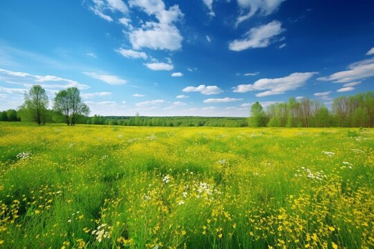 Vibrant spring meadow under clear blue sky. Generative AI