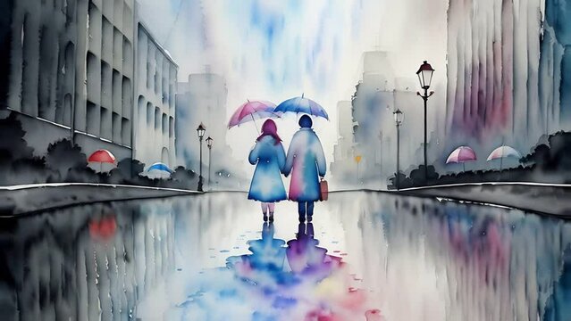 couple rain umbrella loop a couple standing in the rain under an umbrella together animation. Created using Generative AI Technology