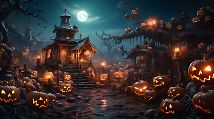 Fototapeta na wymiar Halloween Haunted town at night. horror atmosphere. Pumpkins, candles, gloomy atmosphere. Dark and mistery mood. Hounted house.