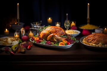 Roasted Thanksgiving turkey on a serving platter, with colorful autumn-themed decorations