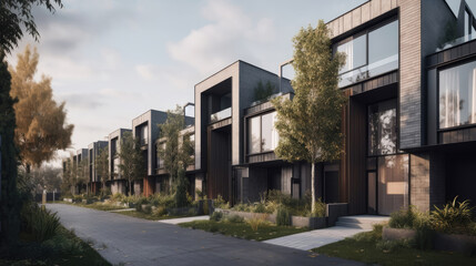 Fototapeta na wymiar Futuristic urban living: geometric cubic shaped modern houses creating a visually striking and contemporary architectural landscape