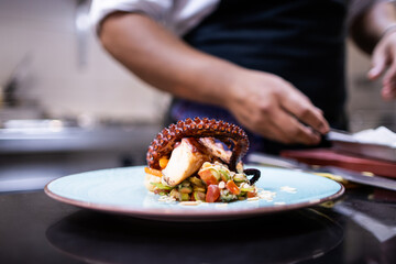 Obraz na płótnie Canvas Photo of a dish with octopus prepared in a restaurant with the chef unfocused in the background