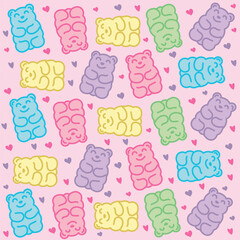 Rich collection of delicious bears with gelatin gummy bears, Pattern of colorful gummy bears with hearts