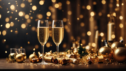 New years eve celebration background with champagne. Backdrop with copy space - obrazy, fototapety, plakaty