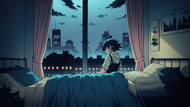 woman illustration bed raining outside window city lights animation. Created using Generative AI Technology