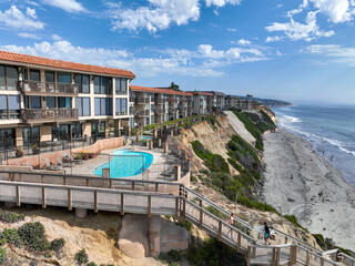 Aerial view of Del Mar Shores, California coastal cliffs and House with blue Pacific ocean. San...