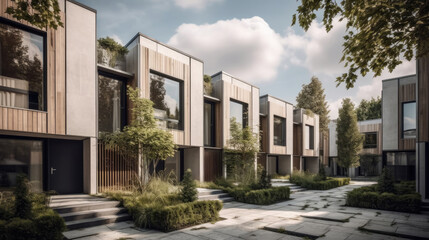 Futuristic urban living: geometric cubic shaped modern houses creating a visually striking and contemporary architectural landscape