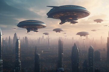 Fototapeta na wymiar Futuristic spaceships glide above an extraterrestrial metropolis. Generative AI