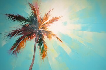 Fototapeta na wymiar A dancing palm tree in the sun against a turquoise backdrop, creating feelings of bliss and relaxation. Generative AI