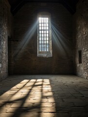 Sunlight penetrates through window into empty stone prison room of old castle AI