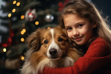 Girl with dog in christmas living room