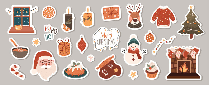 A set of Christmas stickers with characters and cozy things