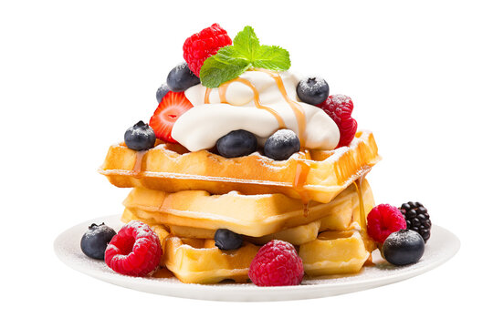 Stack of Belgian waffles with caramel sauce, whipped cream and fresh berries isolated on transparent background