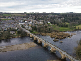 High Angle View of River Water Passing Through Corbridge, Northumberland, England, UK. Jan 24th,...