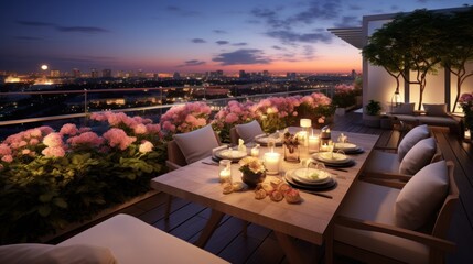 Fototapeta premium Rooftop's view of a blossoming landscape, with vibrant flowers and the gentle breeze, creating a tranquil and fragrant atmosphere