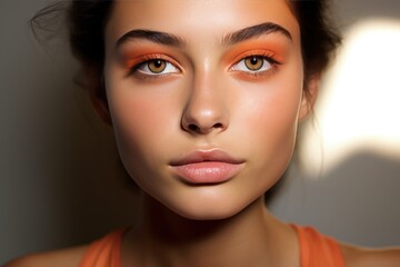 Model with orange makeup apricot crush lipstick and eye shadows - obrazy, fototapety, plakaty