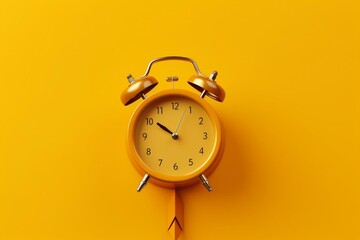 Golden retro alarm clock on yellow background with arrow. Generative AI - obrazy, fototapety, plakaty