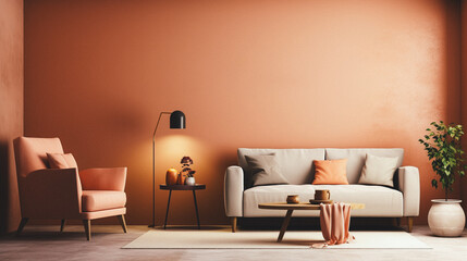 3d living room interior mockup in warm tones with armchair on empty light brown wall background