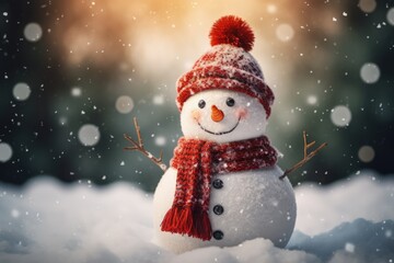 Fototapeta premium Fairytale snowman on winter landscape background