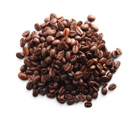 Pile of roasted coffee beans isolated on white, top view