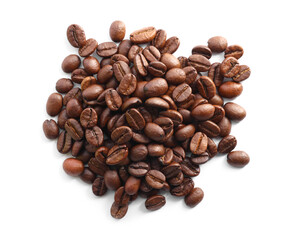 Pile of roasted coffee beans isolated on white, top view