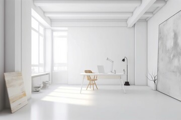 Bright office room with empty white canvas. Generative AI