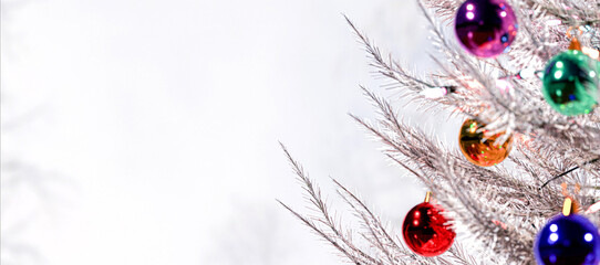 Christmas Background of spheres and Christmas tree with white branches with copy space. Christmas holidays. Winter season. 3D Render.