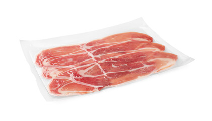 Pack of delicious sliced jamon isolated on white
