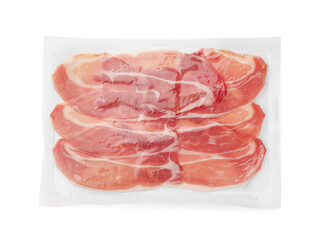 Pack of delicious sliced jamon isolated on white, top view