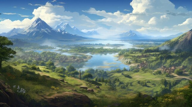 Beautiful view to main valley, river and vegetation in the background game art