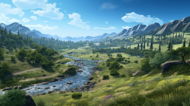 Beautiful view to main valley, river and vegetation in the background game art