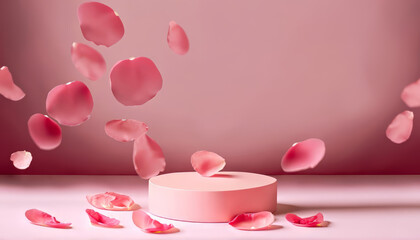 Pink product podium placement on solid background with rose petals falling - obrazy, fototapety, plakaty
