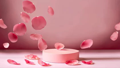 Fototapeten Pink product podium placement on solid background with rose petals falling © Loliruri
