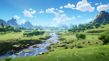 Fototapeta na wymiar Beautiful view to main valley, river and vegetation in the background game art