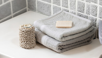 Fototapeta na wymiar Daily body care, spa and wellness zero waste bathroom concept. Organic waffle linen towels in grey shades