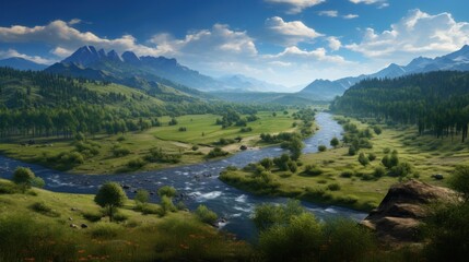 Naklejka na ściany i meble Beautiful view to main valley, river and vegetation in the background game art