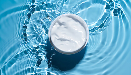 Cosmetic spa medical skincare, serum bottle with collagen on blue water background with waves.