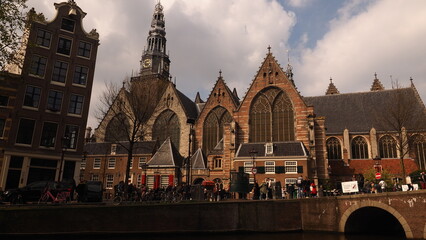 Panoramic view of Old church of Amsterdam and the canal, Amsterdam, Netherlands